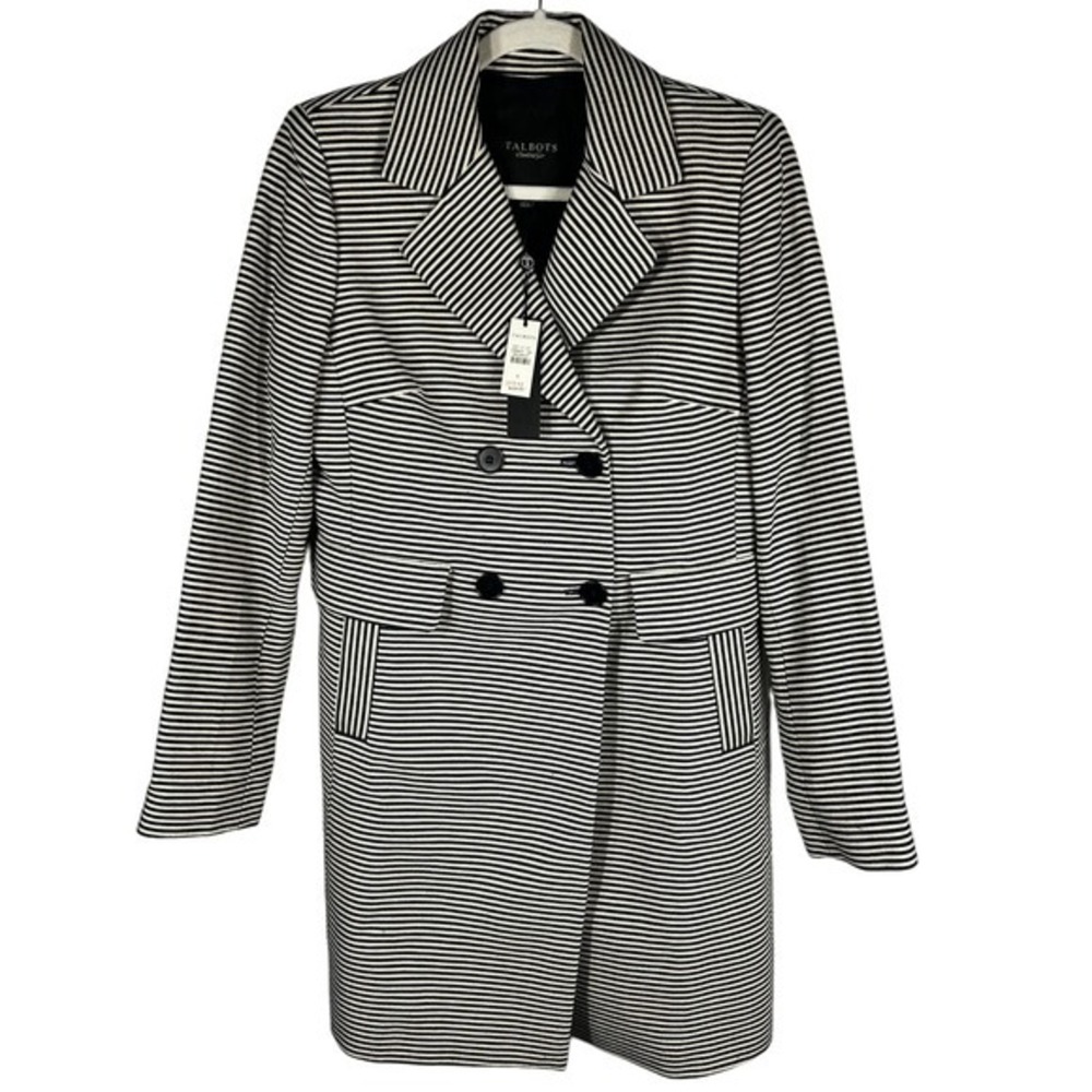 Talbots Trench Coat Women's 6 Navy Blue Striped Long Dress Coat Lightweight NEW!
